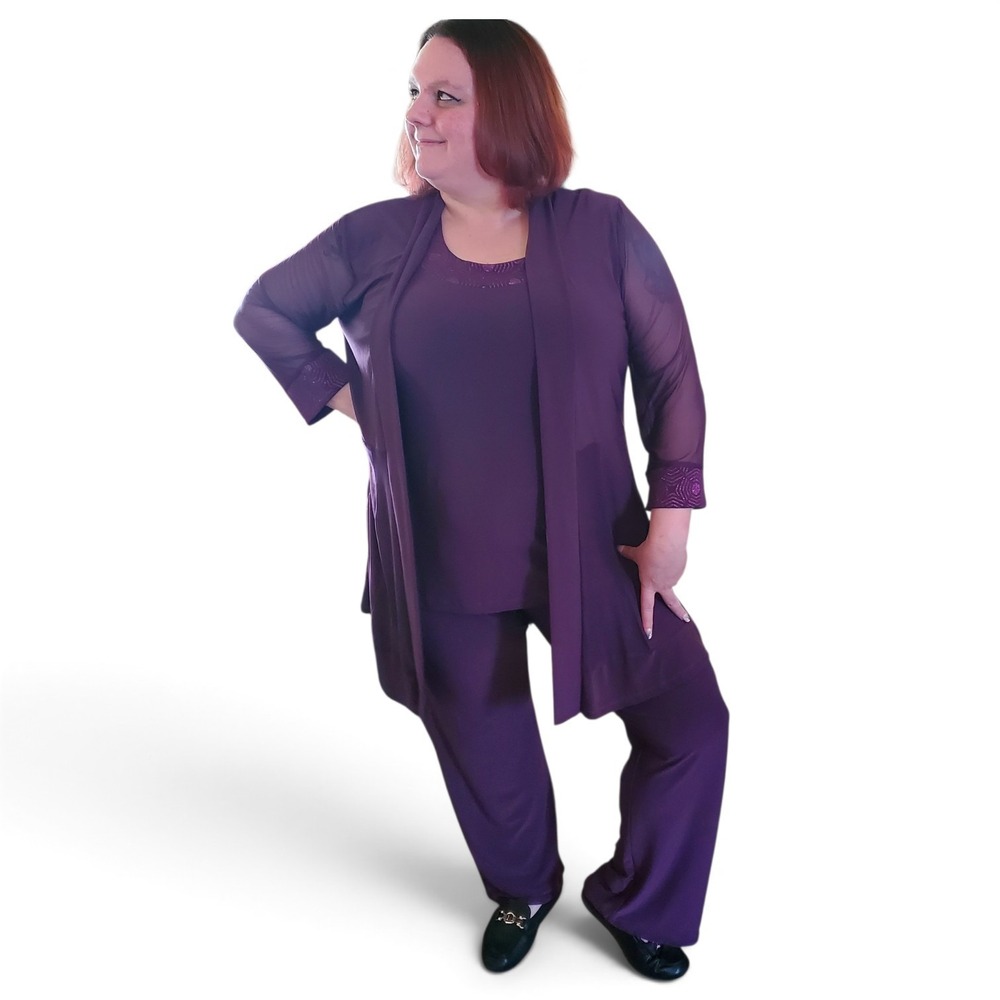 Massey Purple 3 Piece Pant Suit Set XL Cardigan Tank Trousers Formal Wedding